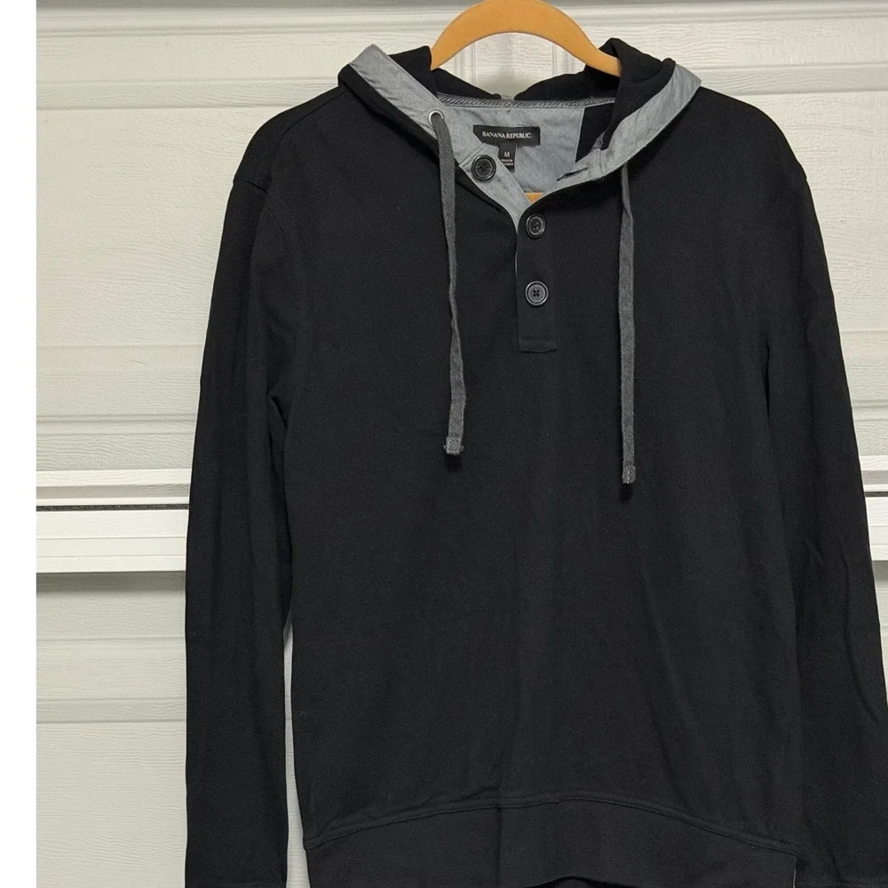Banana Republic Mens S Black Henley Hoodie 100% Cotton Pullover Sweater travel
